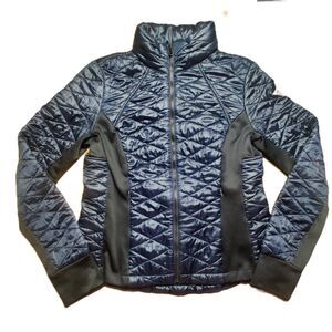 GUESS Womens Quilted Puffer Jacket L Large Blue Packable Hood Full Zip